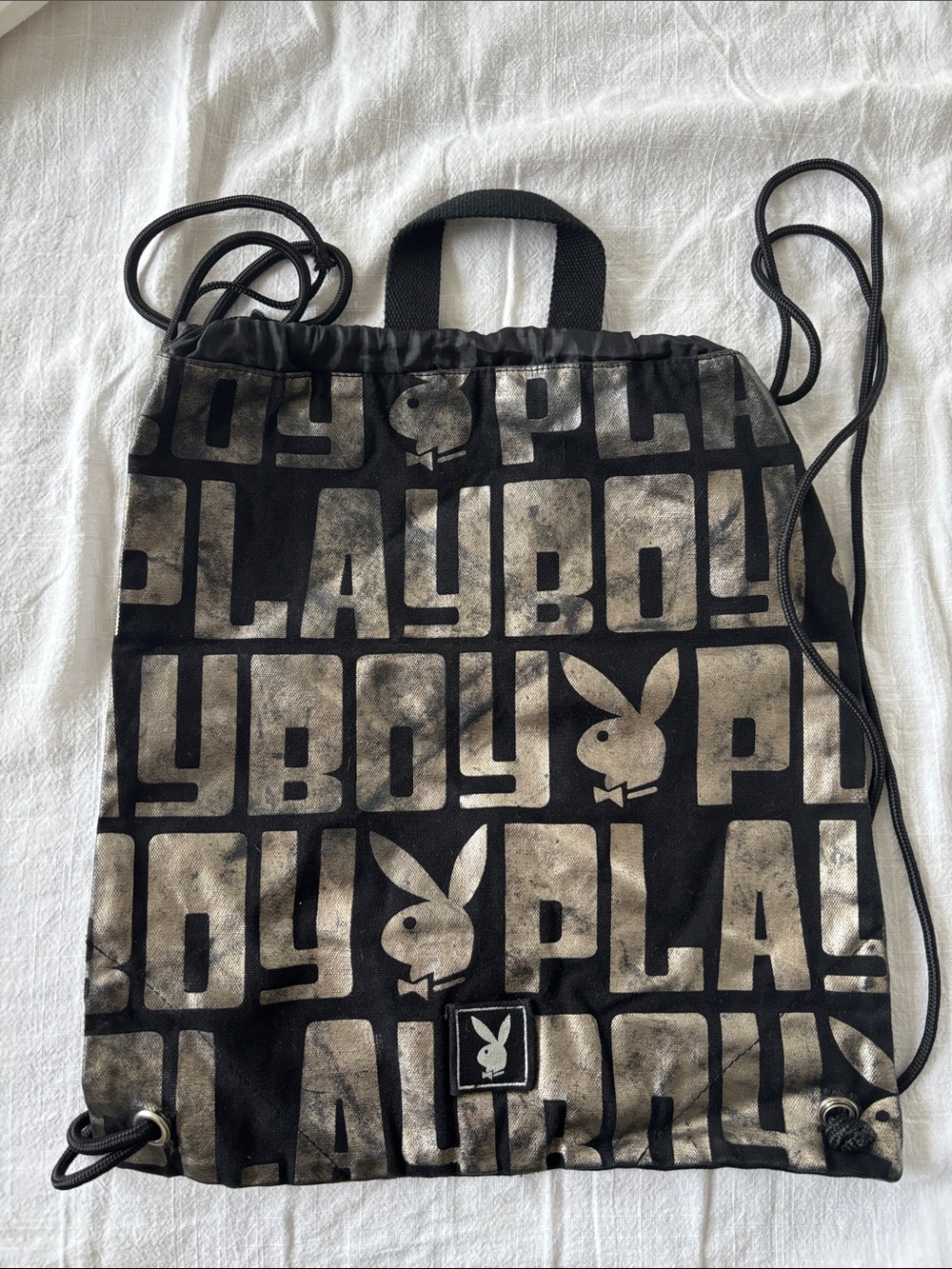 Playboy drawstring/handle bag, black w/metallic lettering and bunny, 14.5x13”